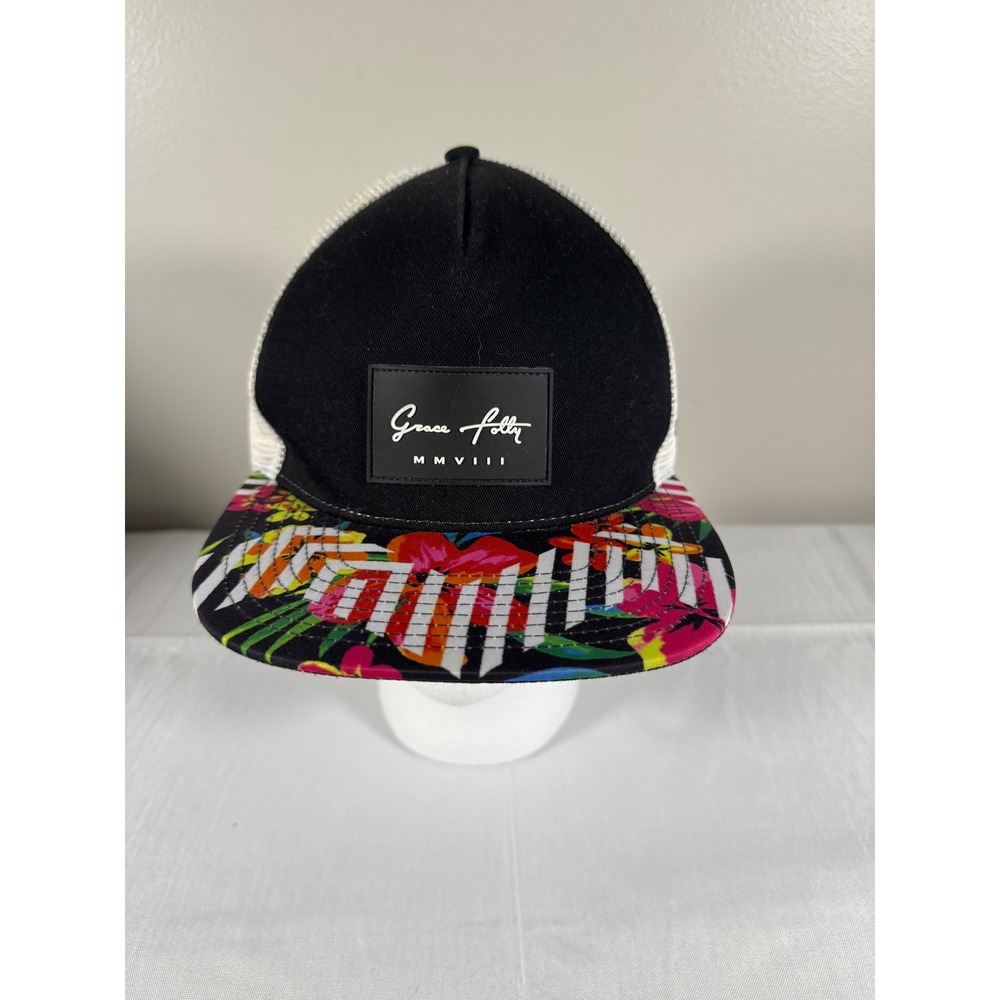 Grace Folly Trucker Hat Black Floral Snapback Mesh Cap MMVIII OSFA
